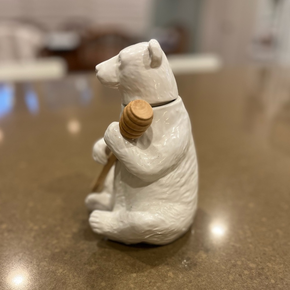 White Ceramic Bear Honey Jar Holding Bamboo Honey Dipper - Creative Co-Op. - Picture 2 of 8